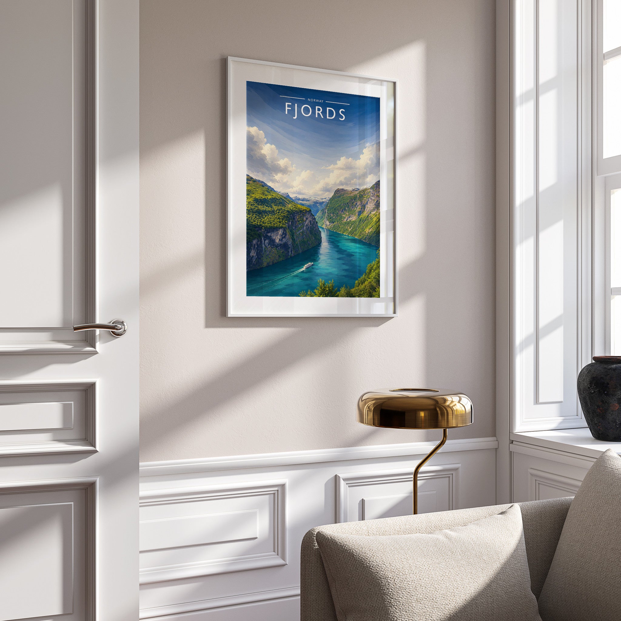 Fjords Travel Poster in a white frame on a panelled wall
