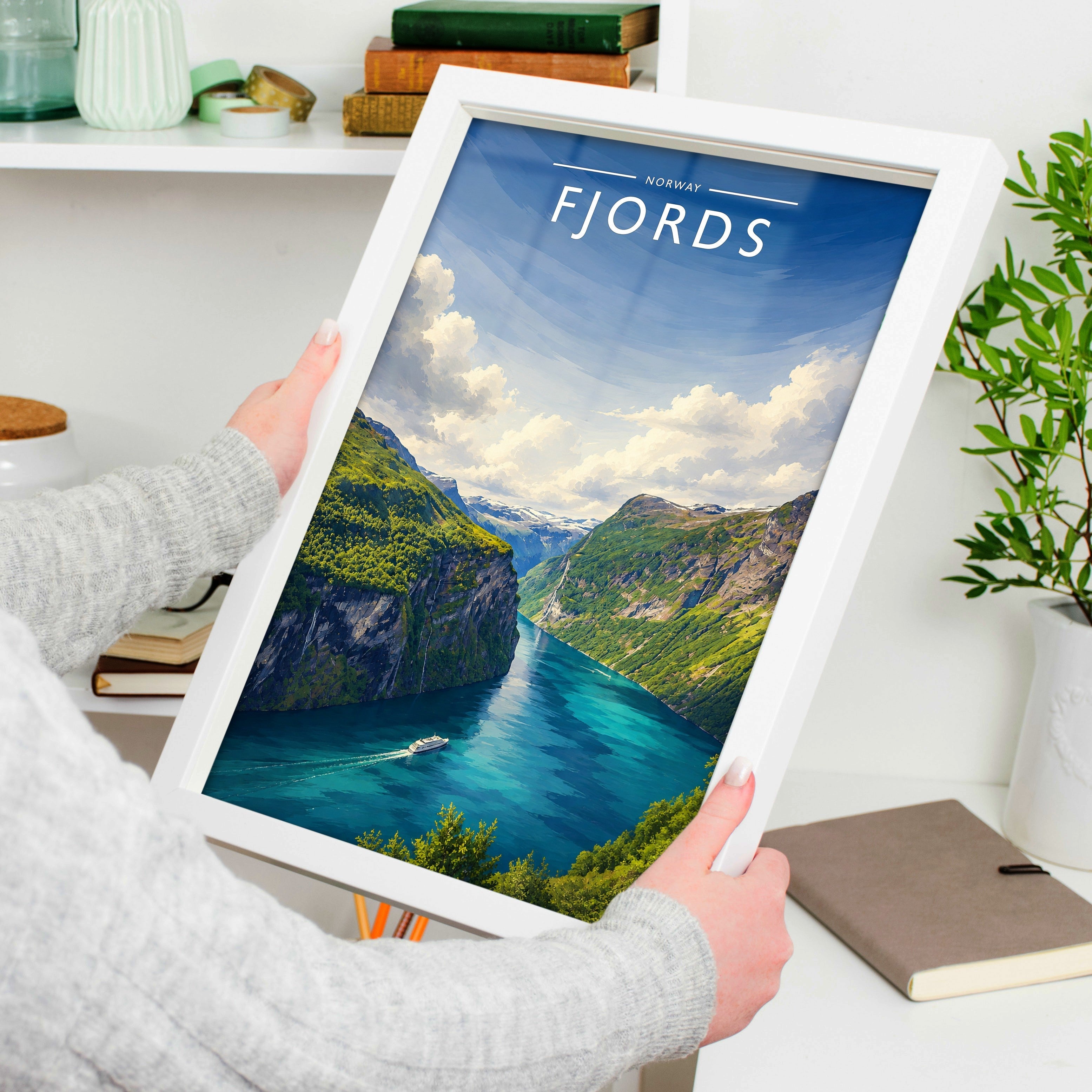 Fjords Travel Poster held in a white frame