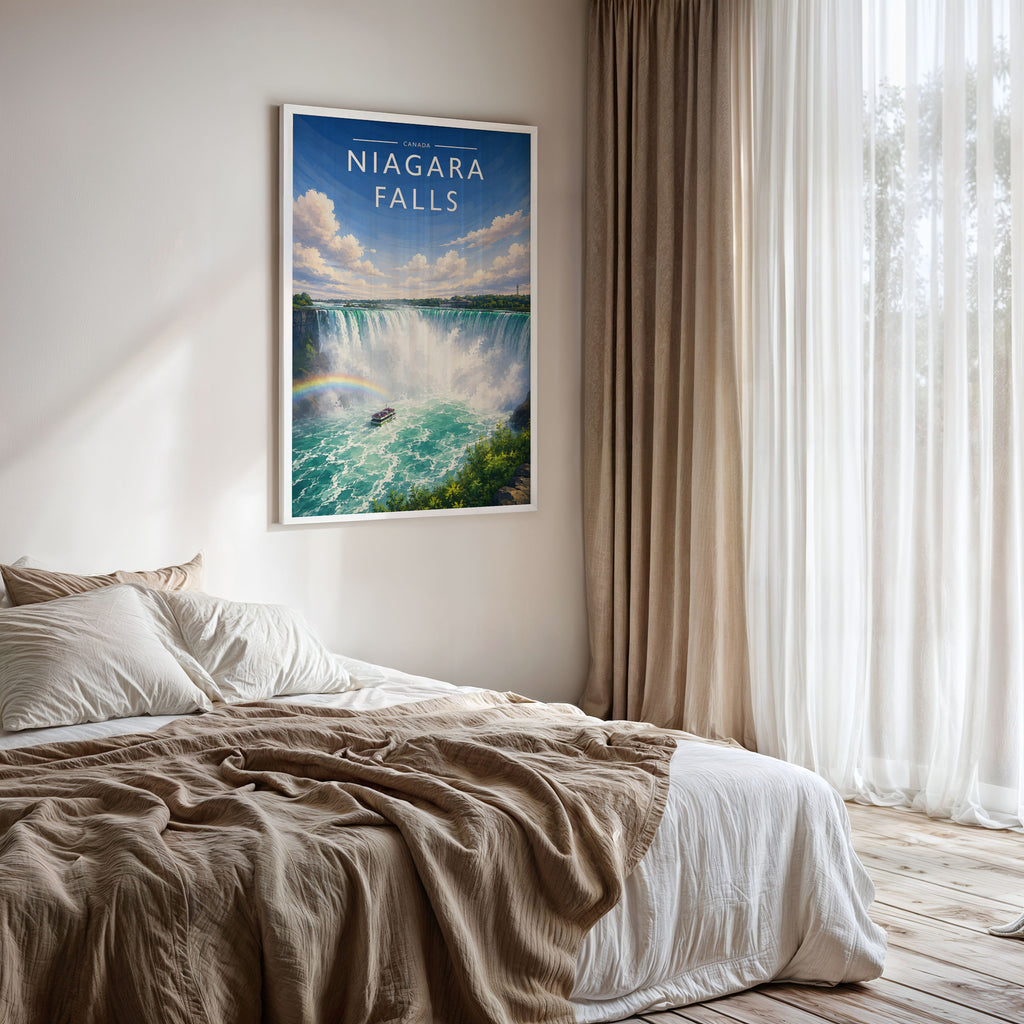 Niagara Falls Travel Poster framed on a bedroom wall