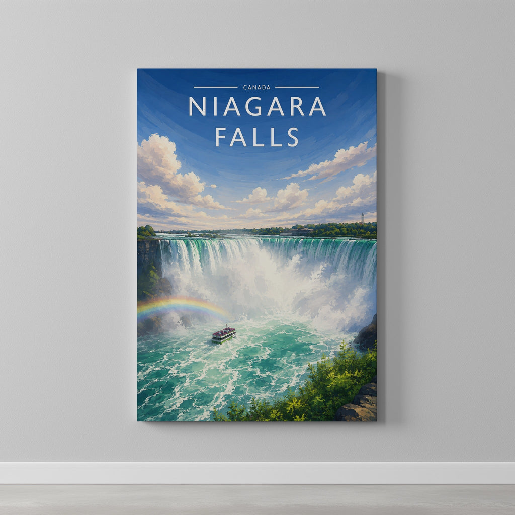 Niagara Falls Travel Poster as a gallery-wrapped canvas on a plain wall