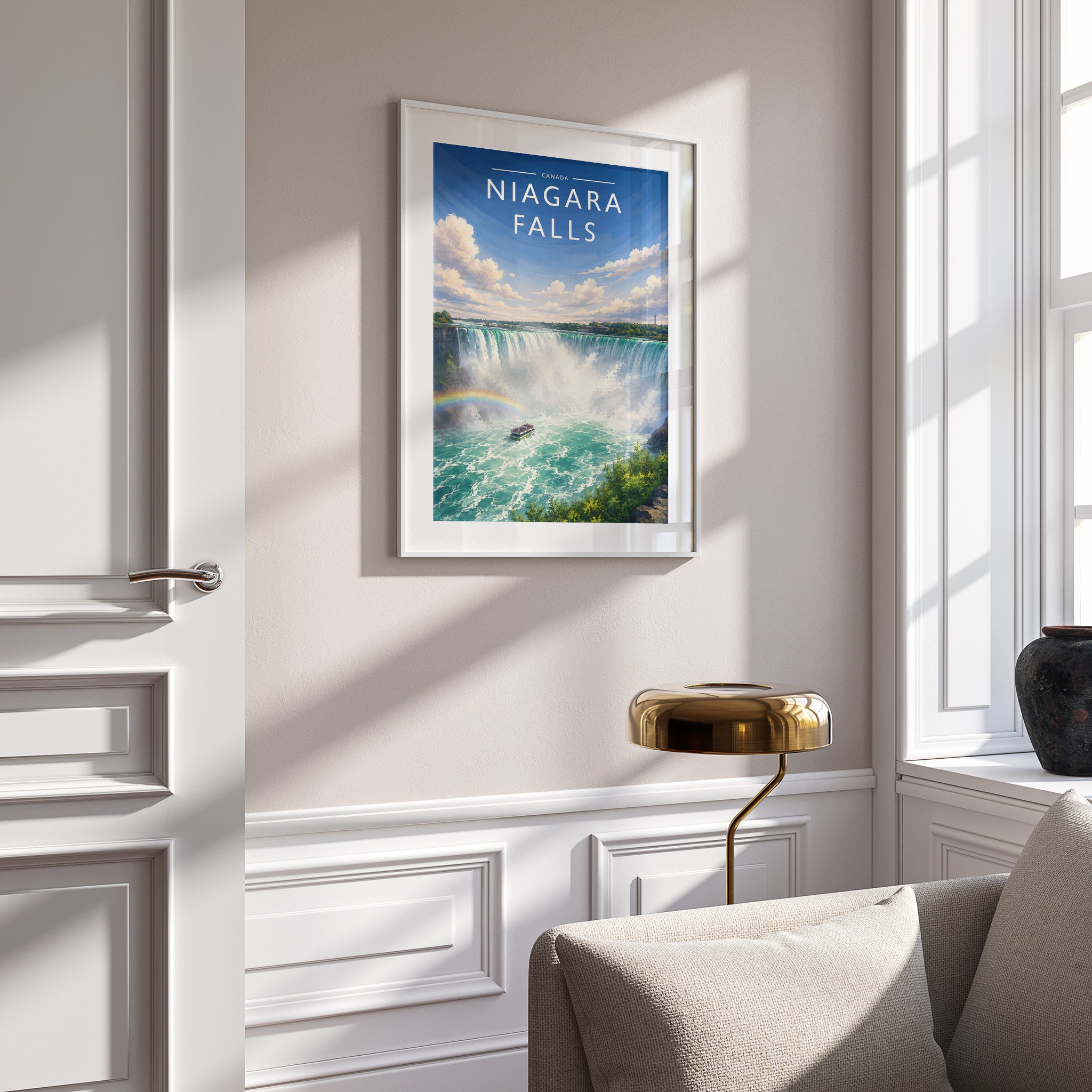 Niagara Falls Travel Poster in a white frame on a panelled wall
