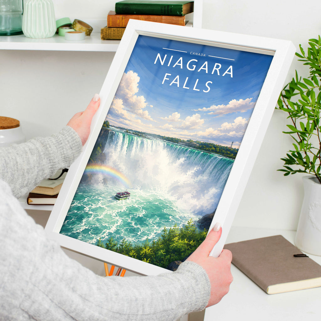 Niagara Falls Travel Poster in a white frame, held to show scale