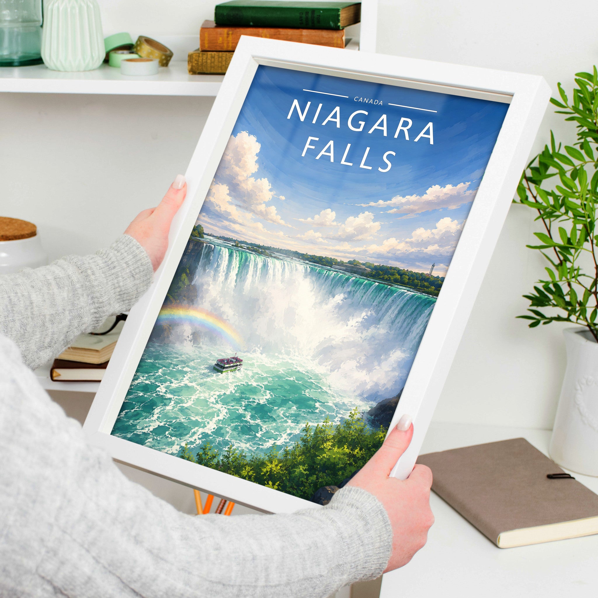 Niagara Falls Travel Poster in a white frame, held to show scale