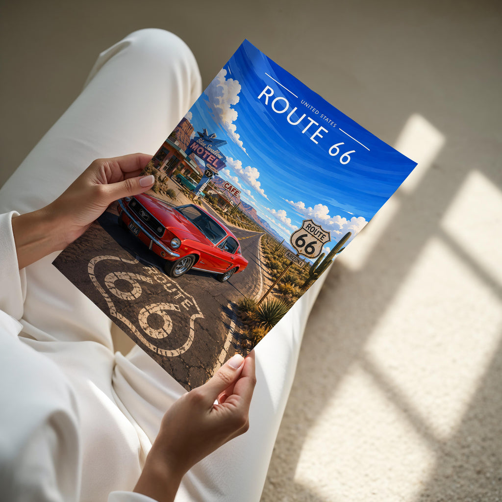 Route 66 Travel Poster - A4 print held in hand