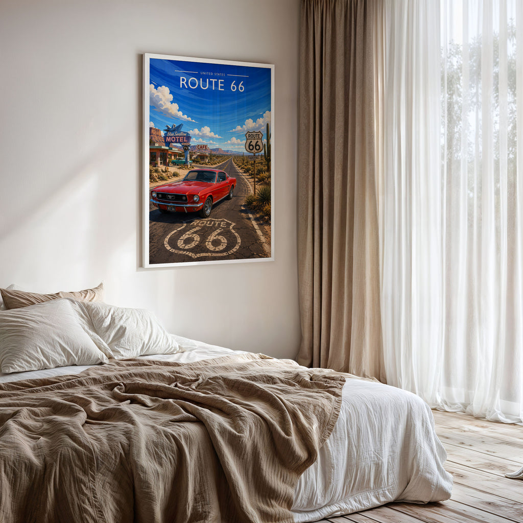 Route 66 Travel Poster framed on a bedroom wall