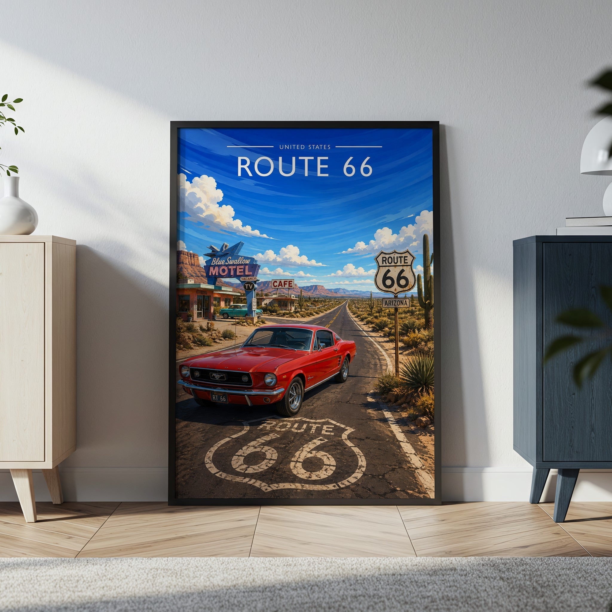Route 66 Travel Poster in a black frame