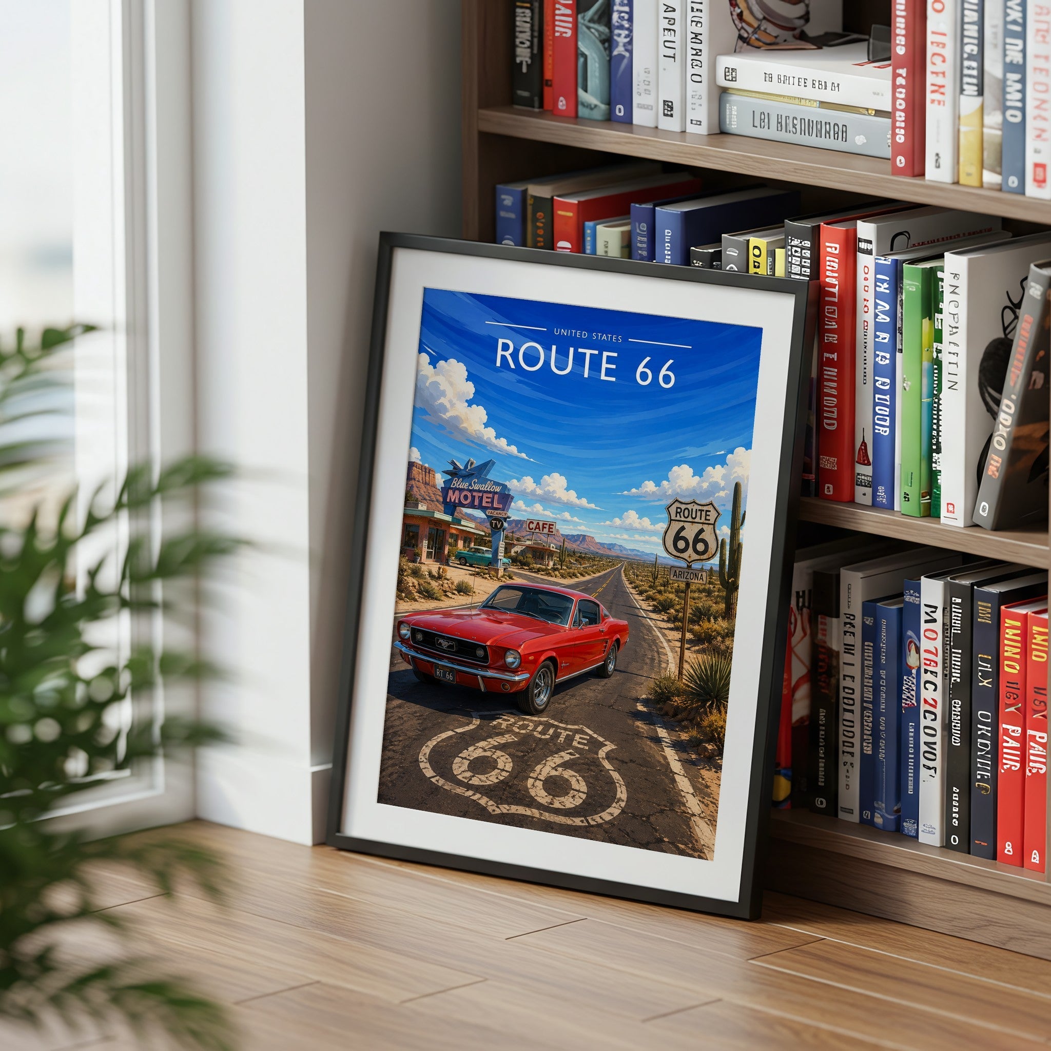 Route 66 Travel Poster mounted in a black frame