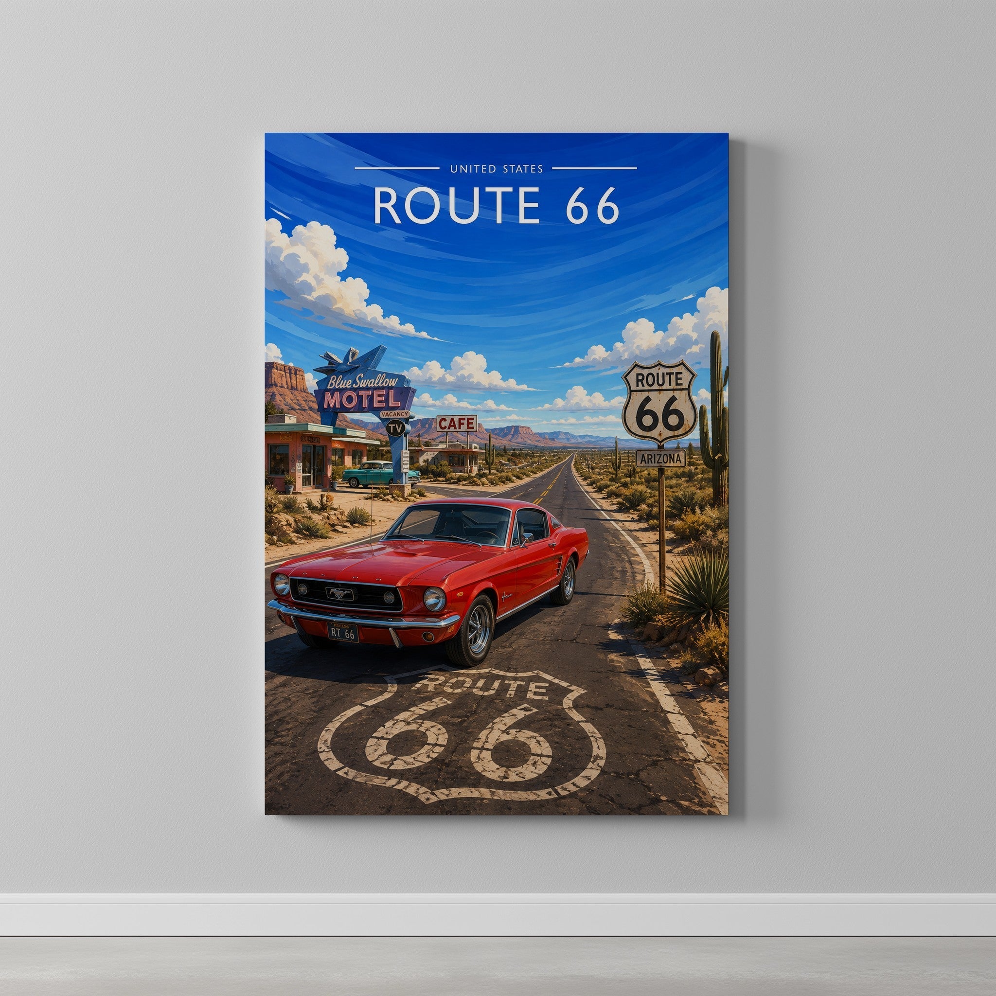 Route 66 Travel Poster as a gallery-wrapped canvas on a plain wall