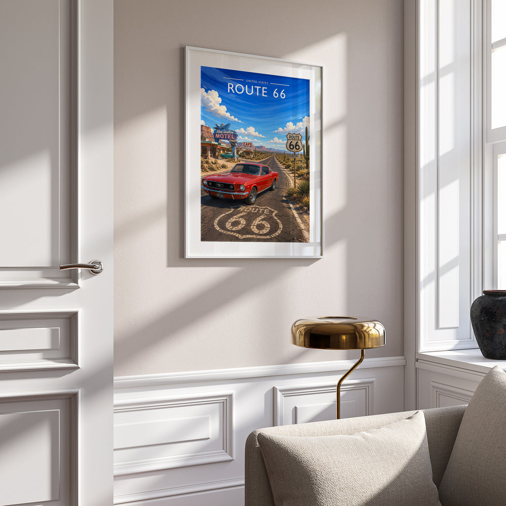 Route 66 Travel Poster in a white frame on a panelled wall