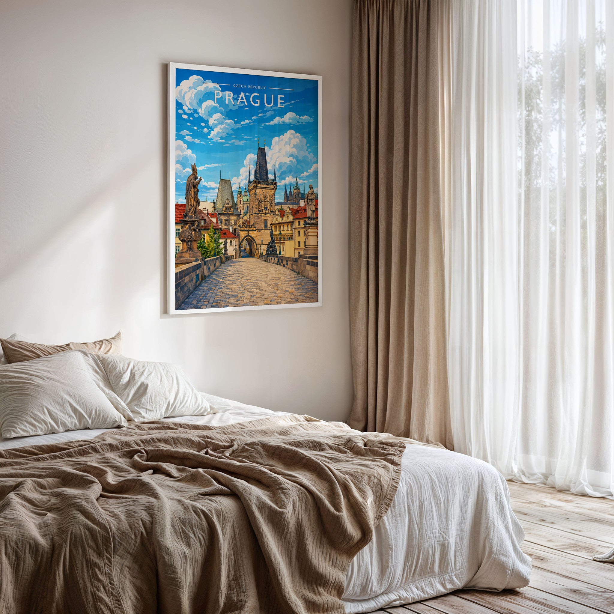 Prague #4 Travel Poster framed on a bedroom wall