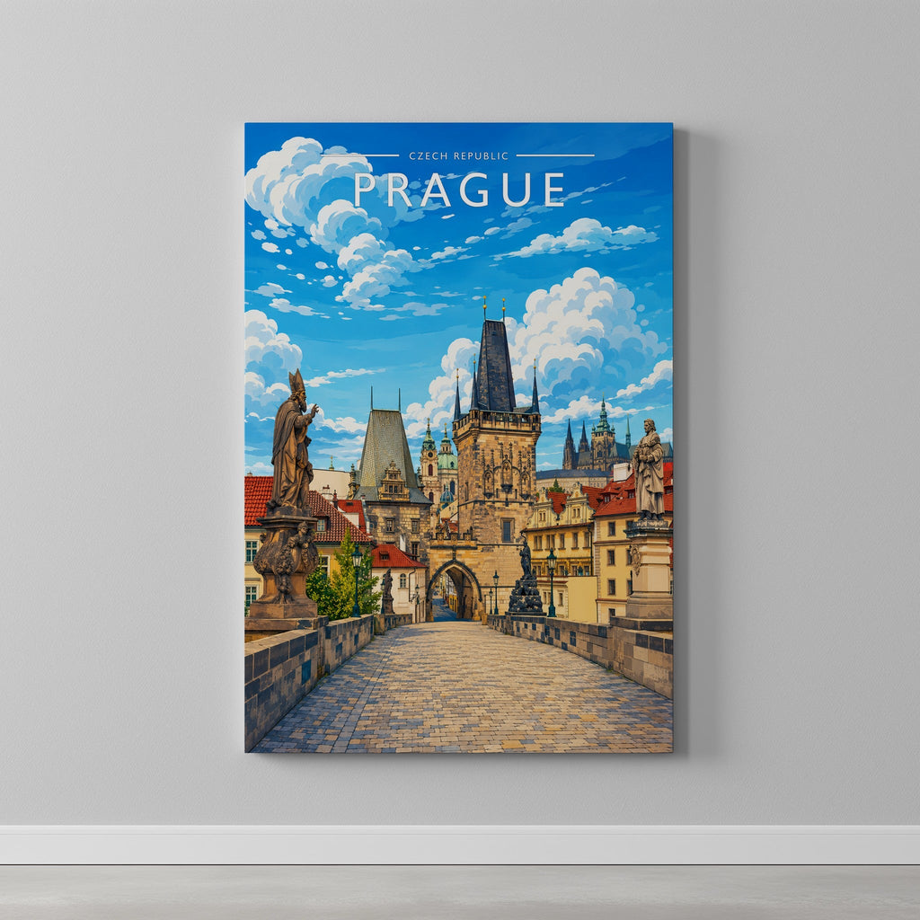 Prague #4 Travel Poster as a gallery-wrapped canvas on a plain wall