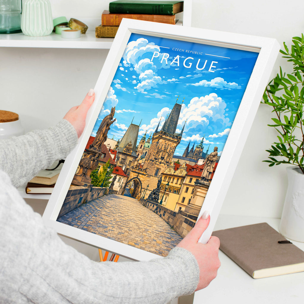 Prague #4 Travel Poster in a white frame, held to show scale