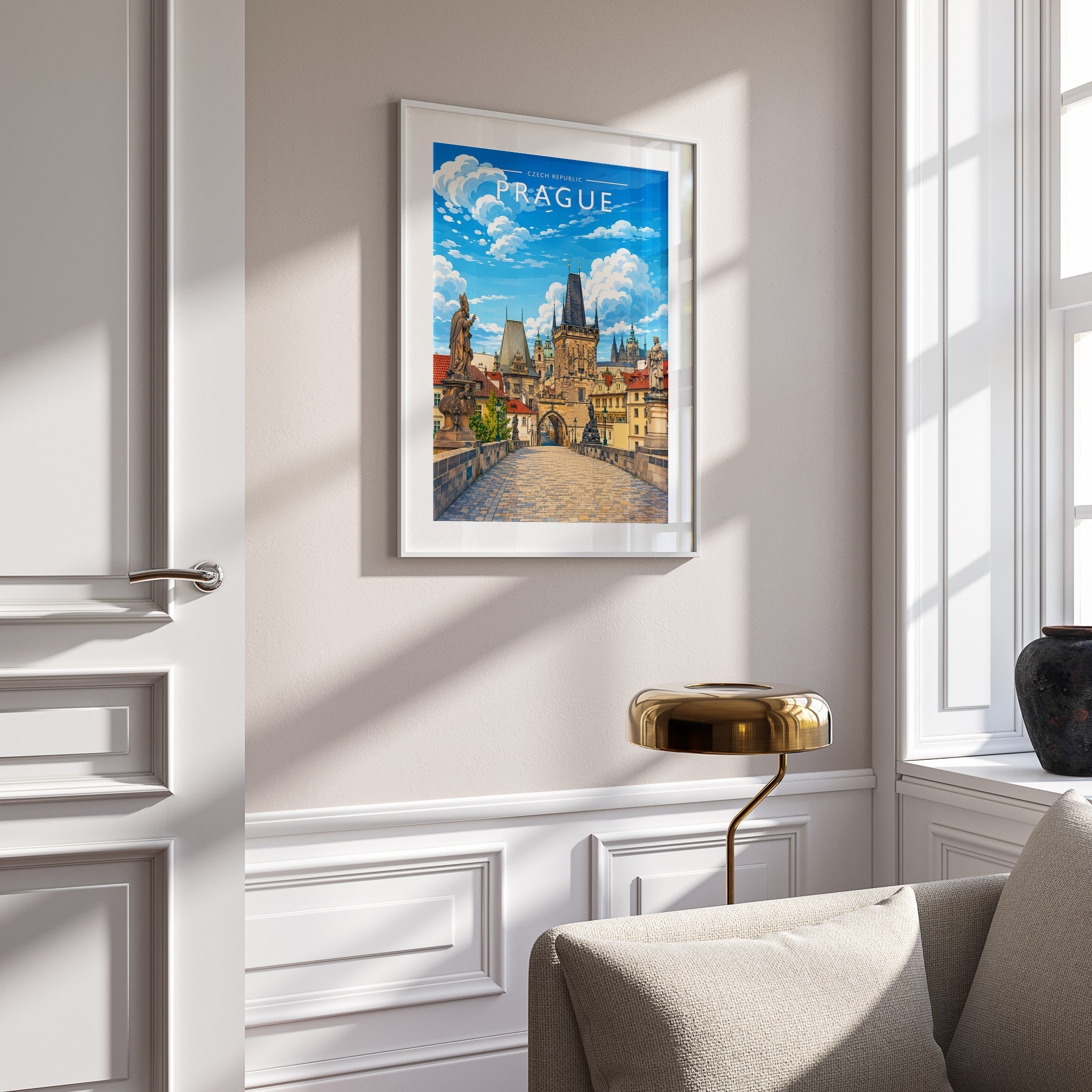Prague #4 Travel Poster mounted in a white frame