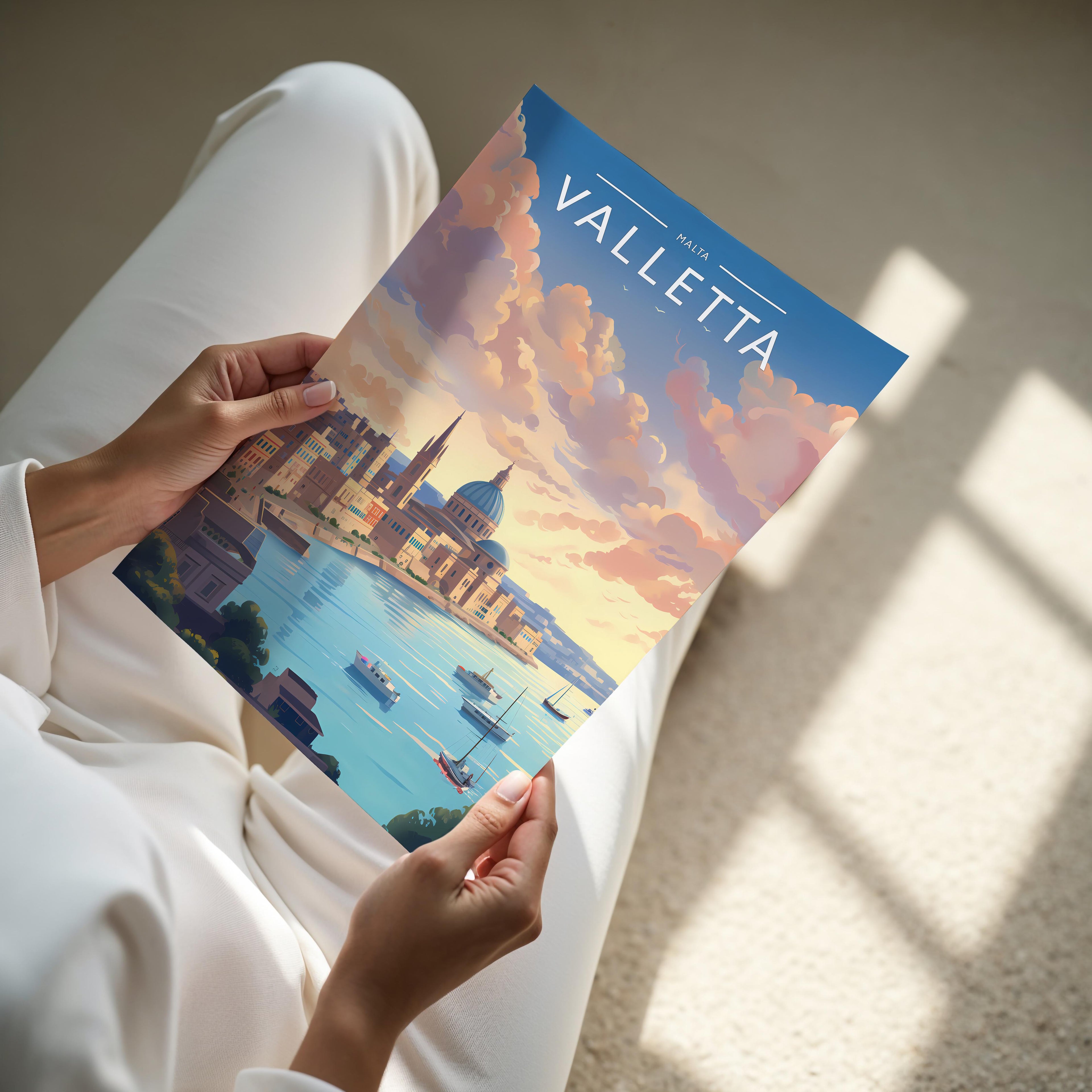 Valletta Travel Poster - A4 print held in hand
