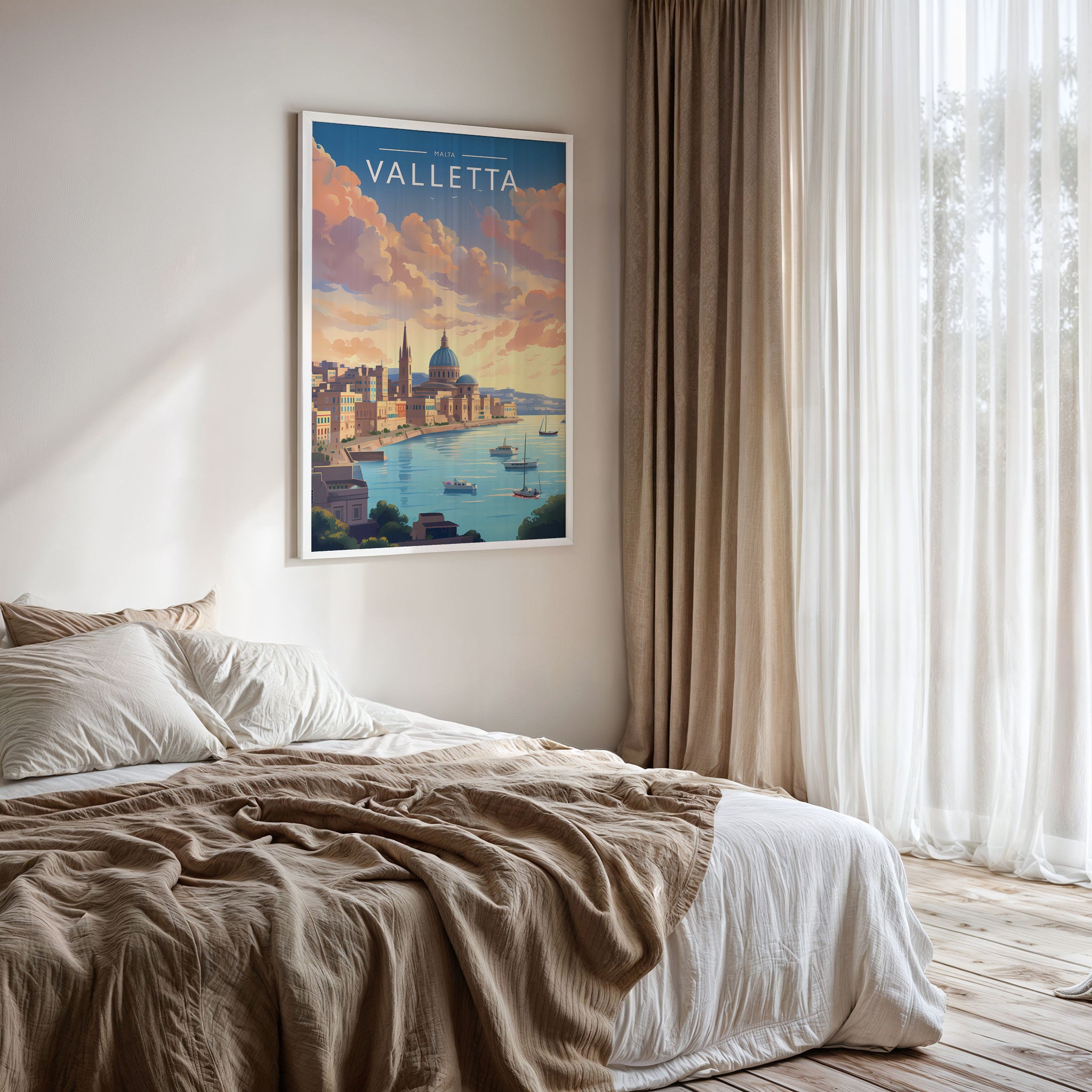 Valletta Travel Poster framed on a bedroom wall
