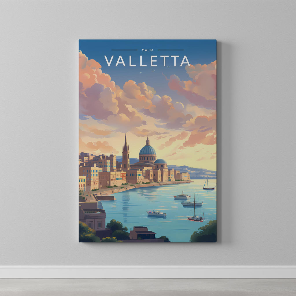 Valletta Travel Poster as a gallery-wrapped canvas on a plain wall
