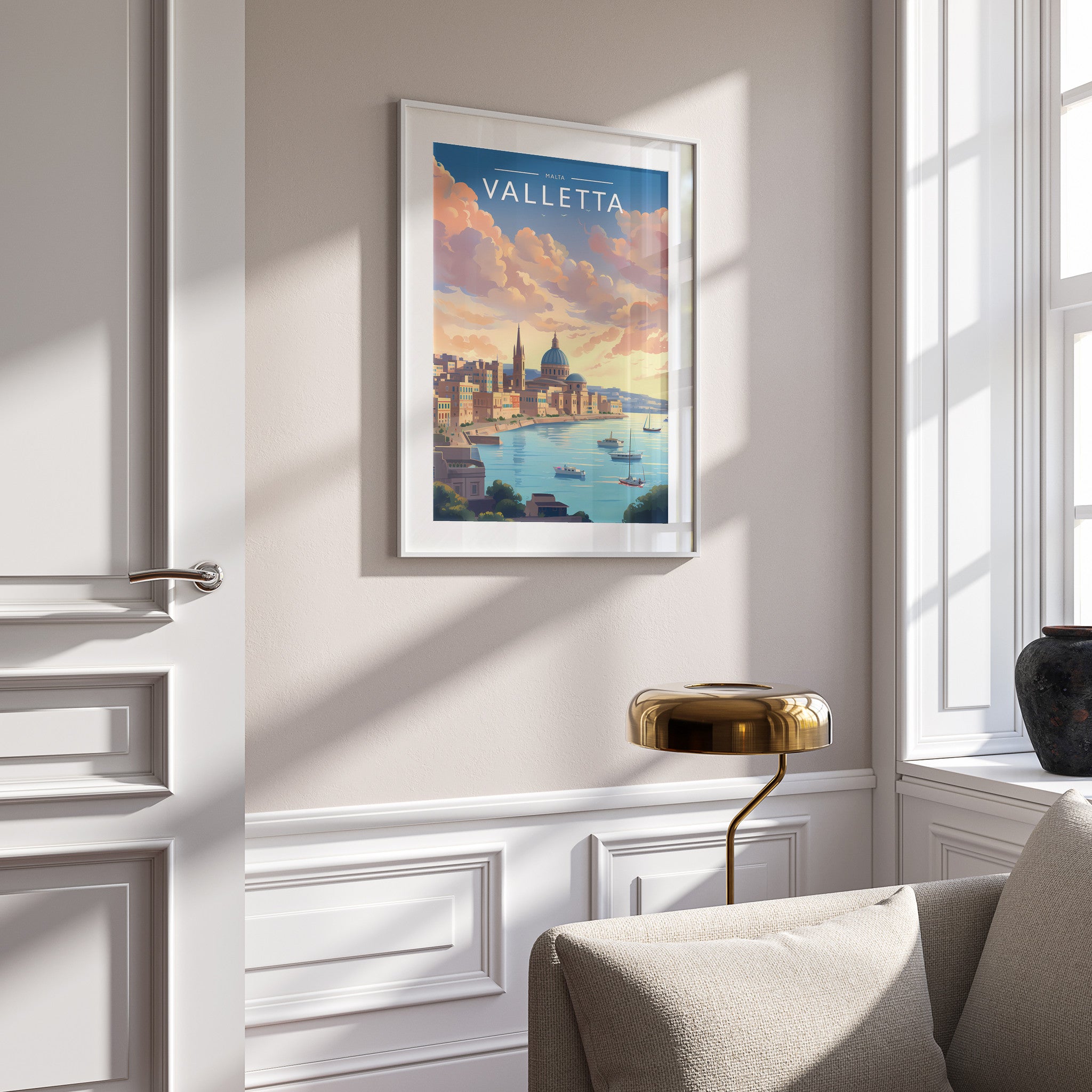 Valletta Travel Poster in a white frame on a panelled wall
