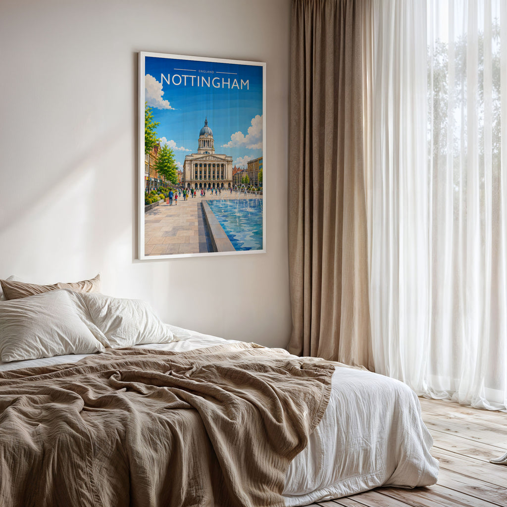 Nottingham #4 Travel Poster framed on a bedroom wall