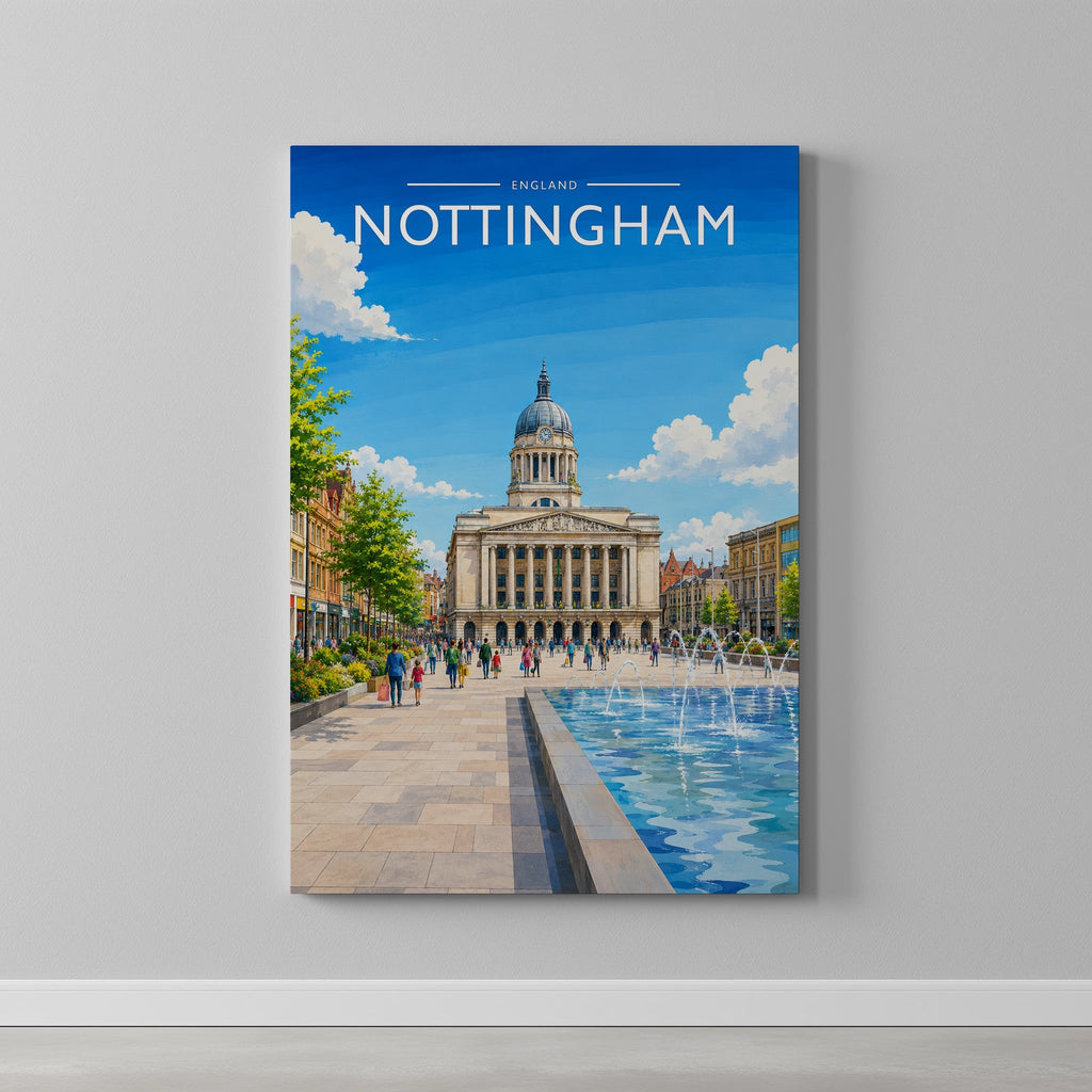 Nottingham #4 Travel Poster as a gallery-wrapped canvas on a plain wall