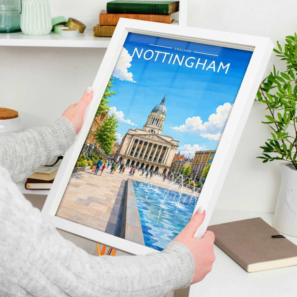 Nottingham #4 Travel Poster in a white frame, held to show scale