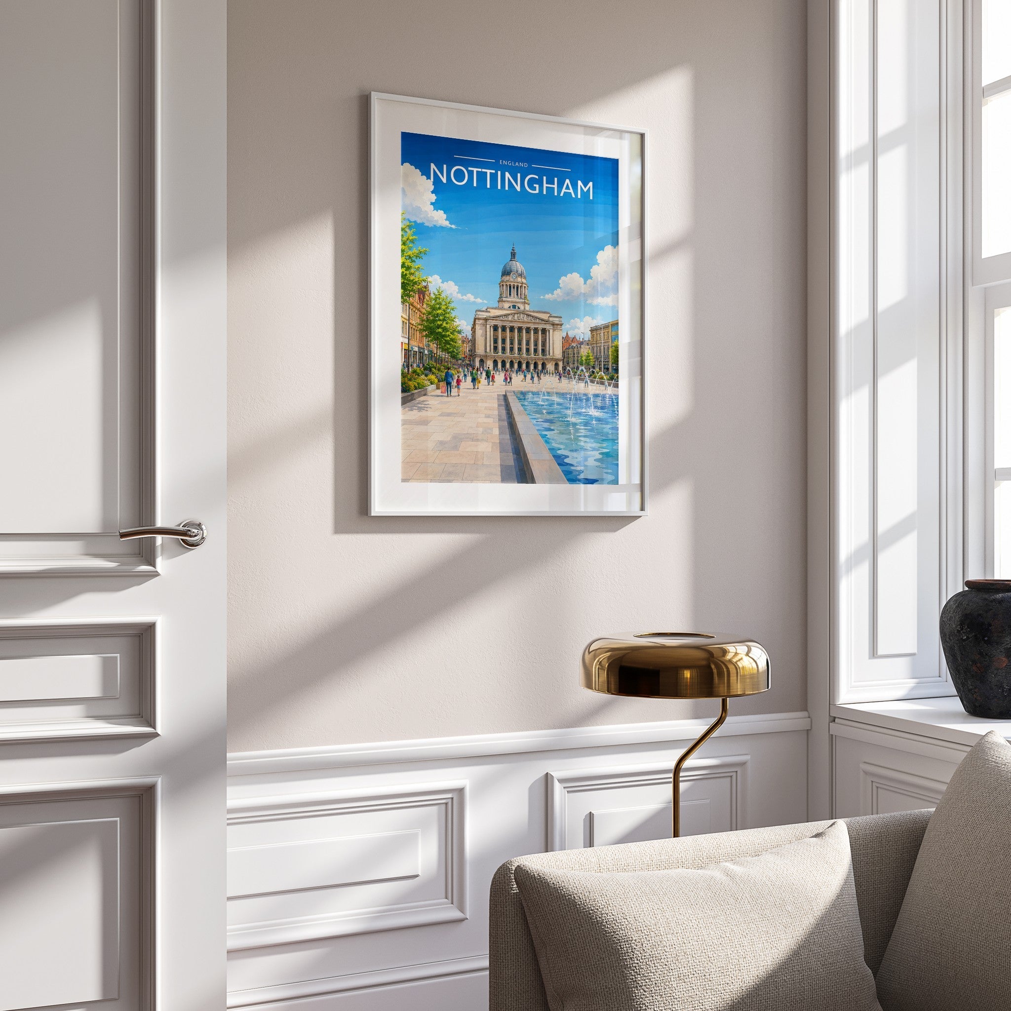 Nottingham #4 Travel Poster mounted in a white frame