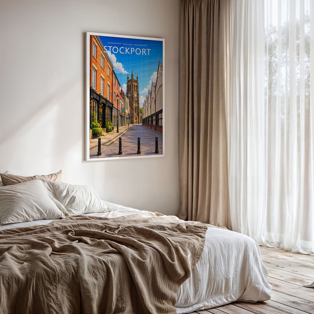 Stockport Travel Poster framed on a bedroom wall