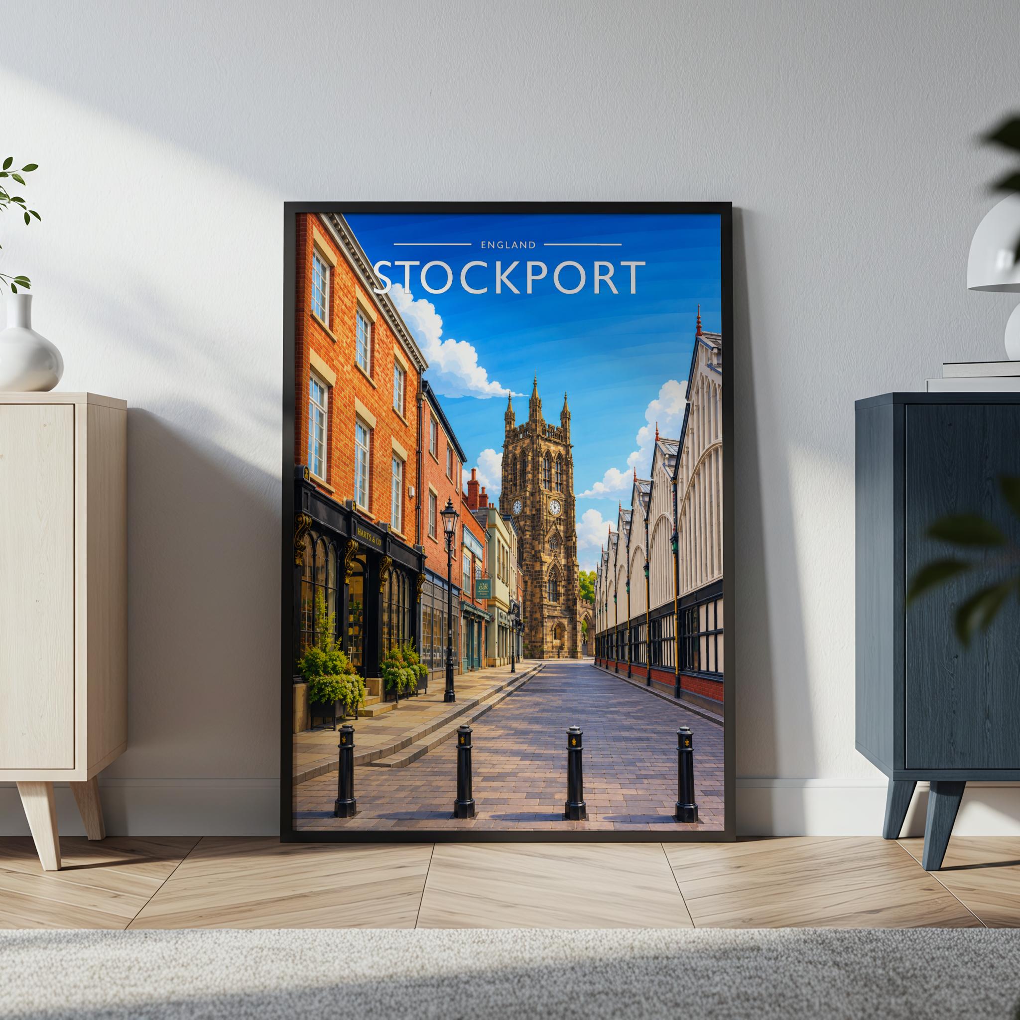 Stockport Travel Poster in a black frame