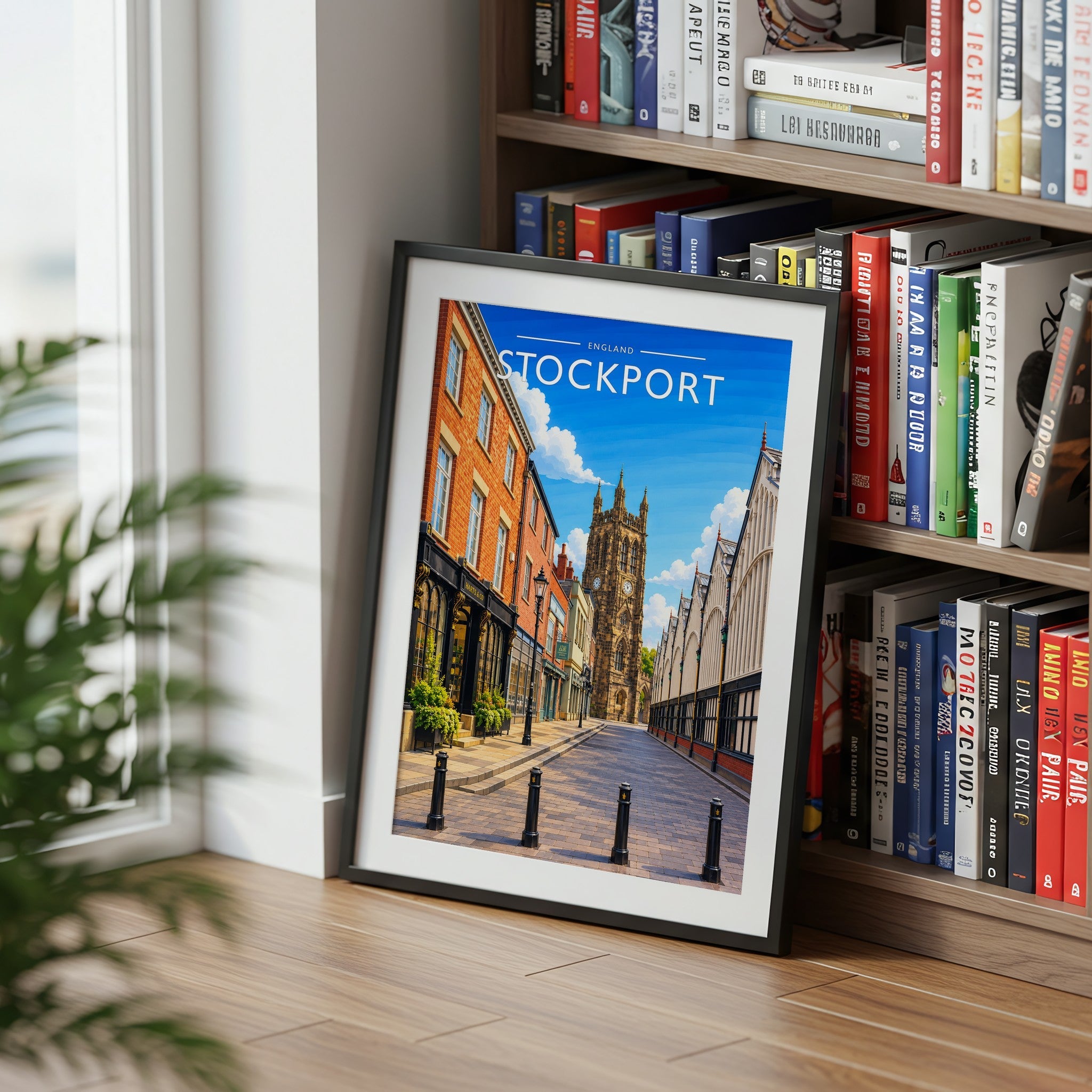 Stockport Travel Poster mounted in a black frame