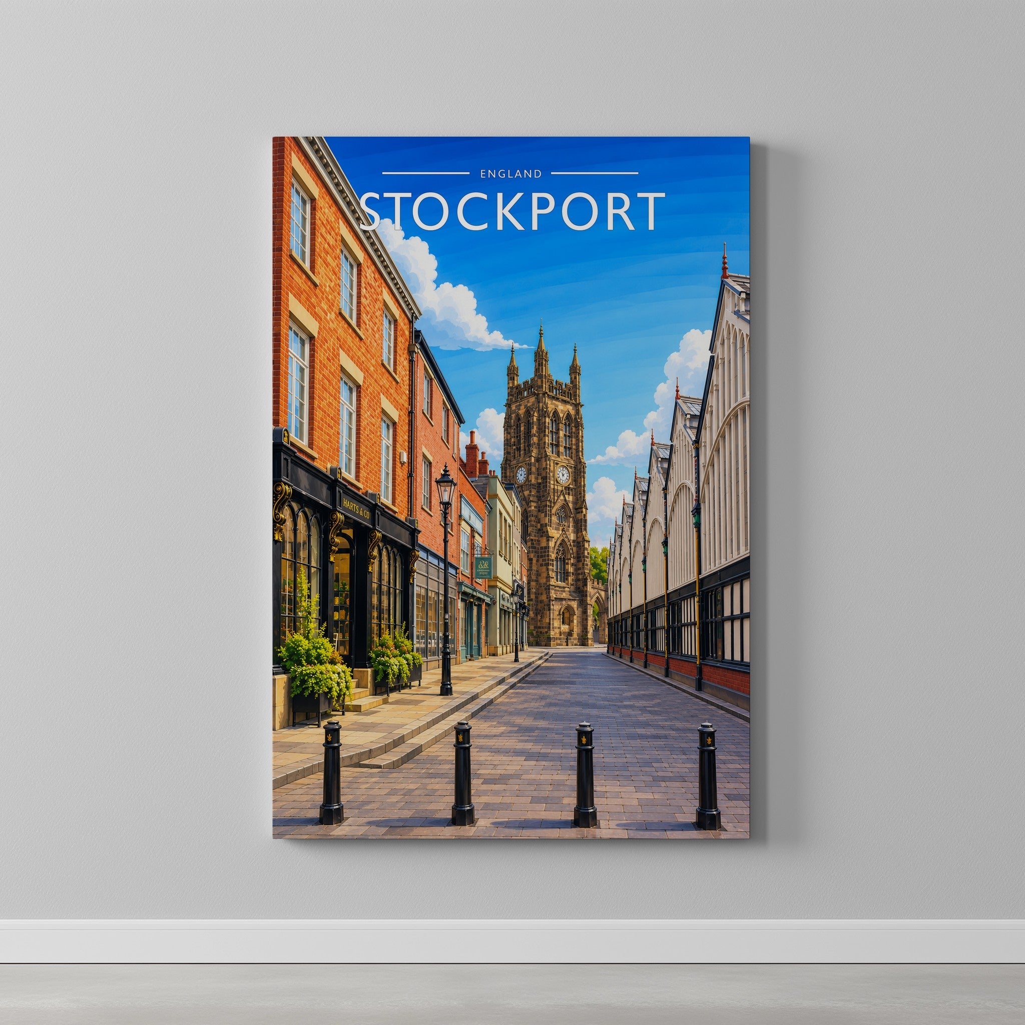 Stockport Travel Poster as a gallery-wrapped canvas on a plain wall
