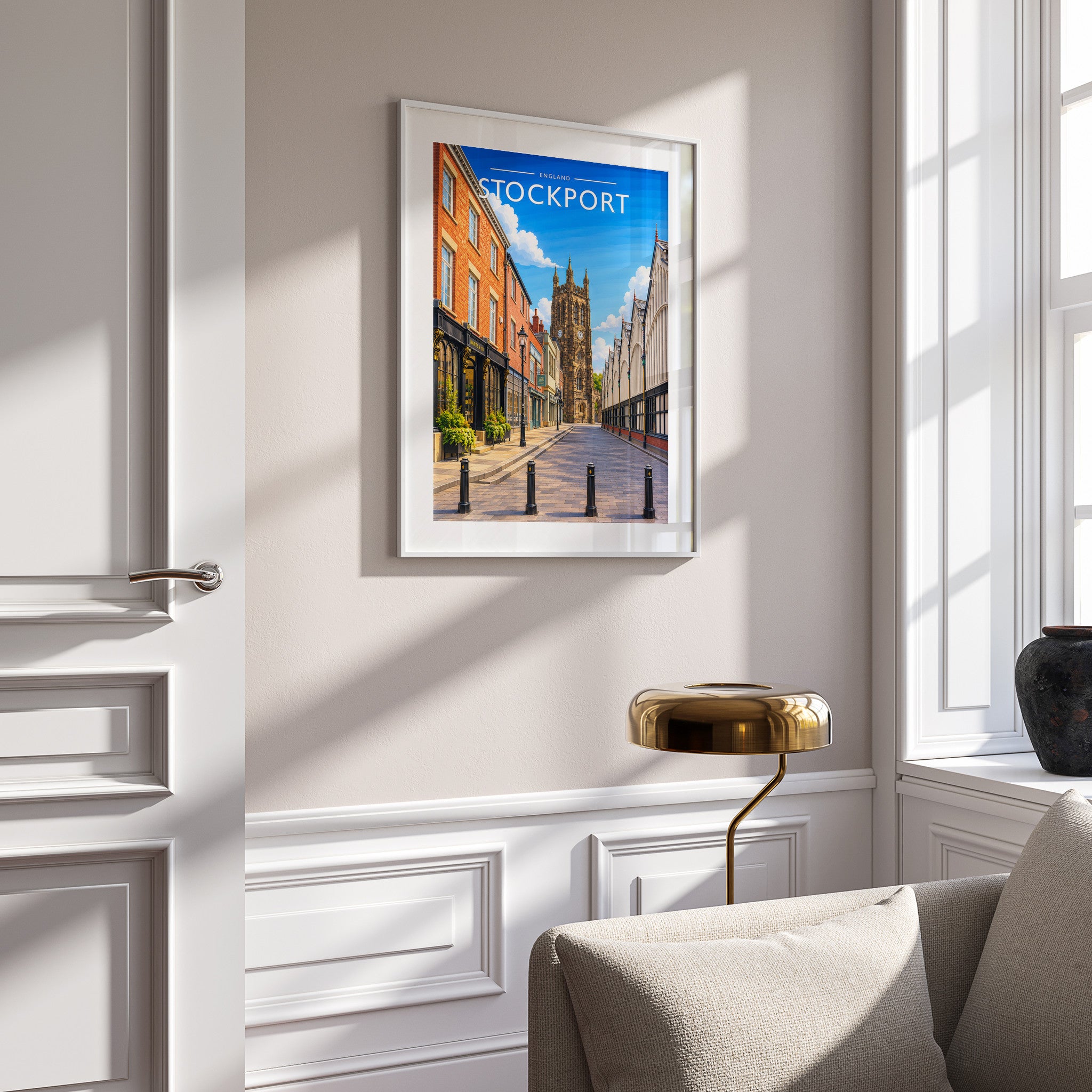 Stockport Travel Poster in a white frame on a panelled wall