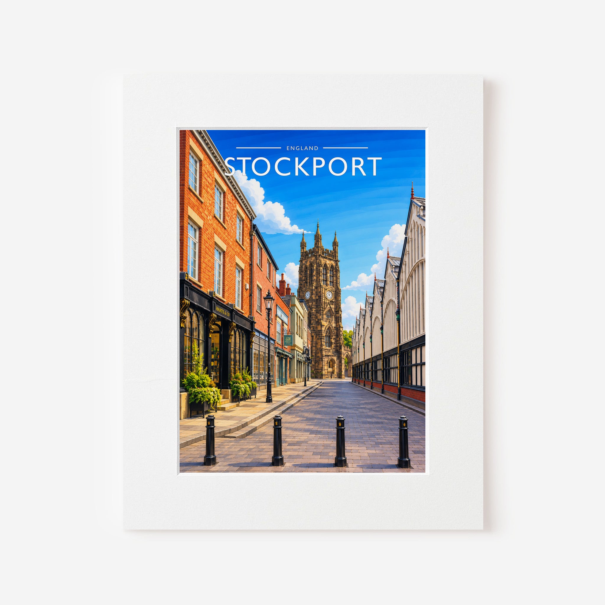 Stockport Travel Poster in a white mount