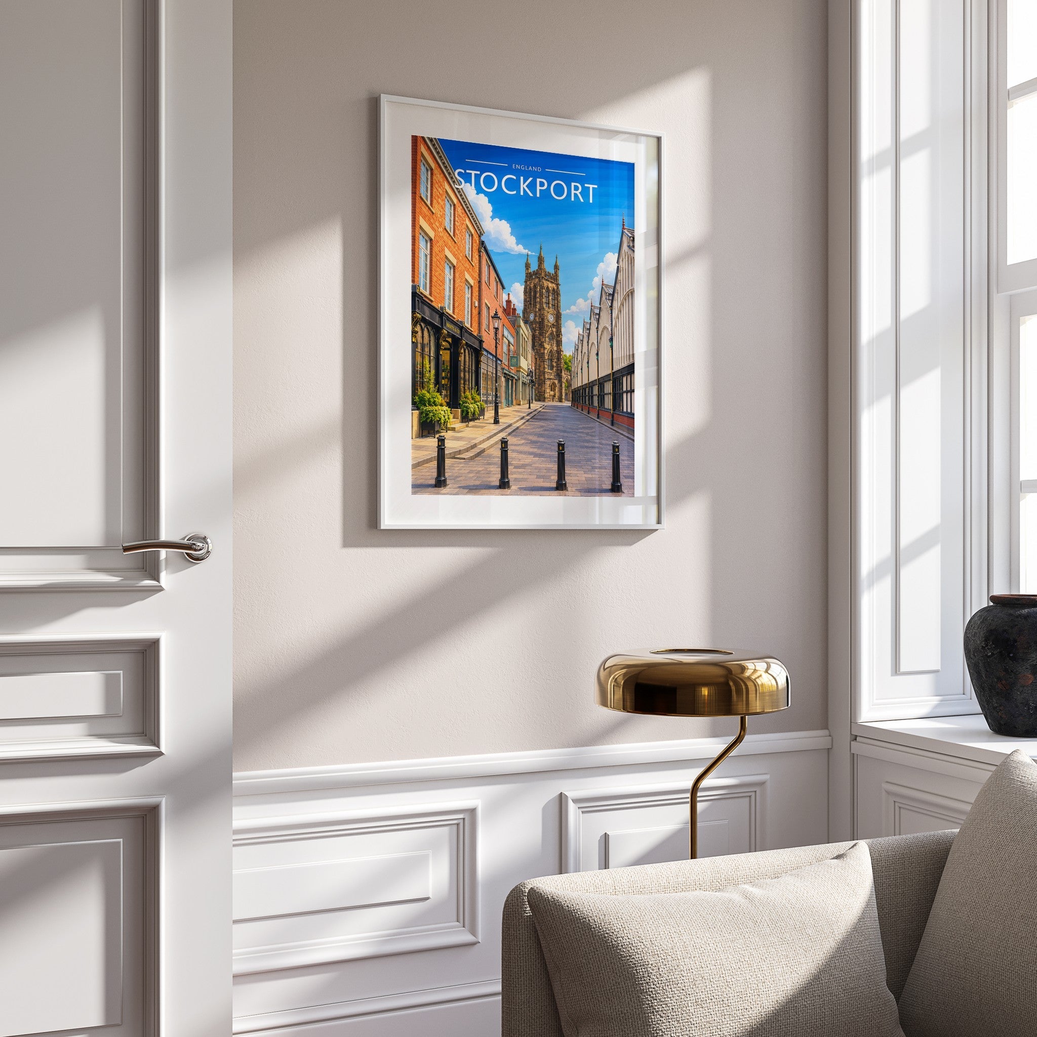 Stockport Travel Poster mounted in a white frame