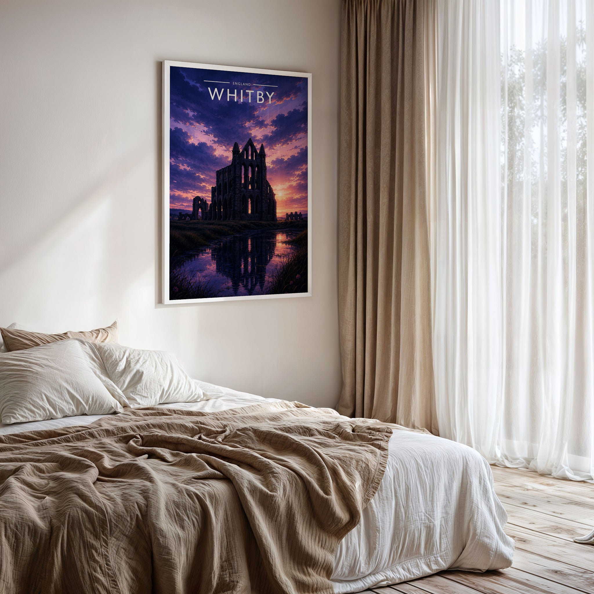 Whitby #4 Travel Poster framed on a bedroom wall
