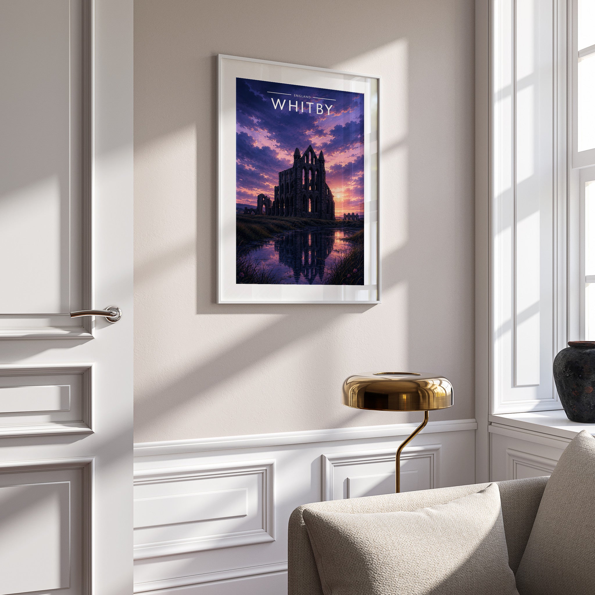 Whitby #4 Travel Poster in a white frame on a panelled wall