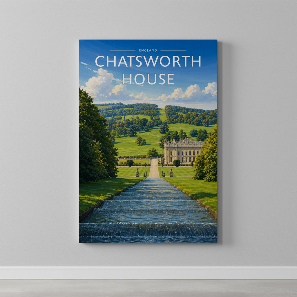 Chatsworth House #2 Travel Poster as a gallery-wrapped canvas on a plain wall