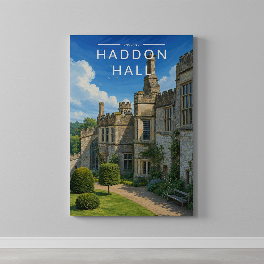 Haddon Hall Travel Poster as a gallery-wrapped canvas on a plain wall