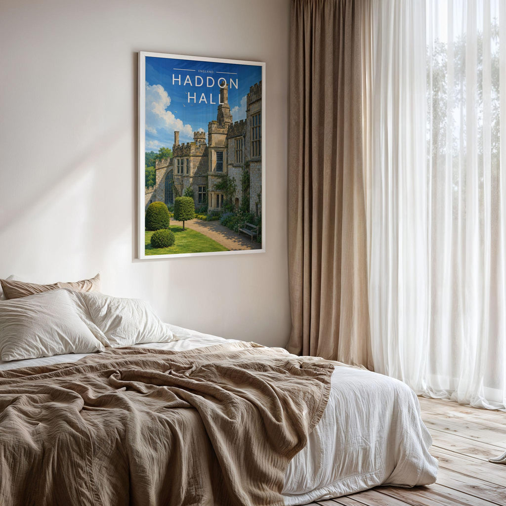 Haddon Hall Travel Poster framed on a bedroom wall