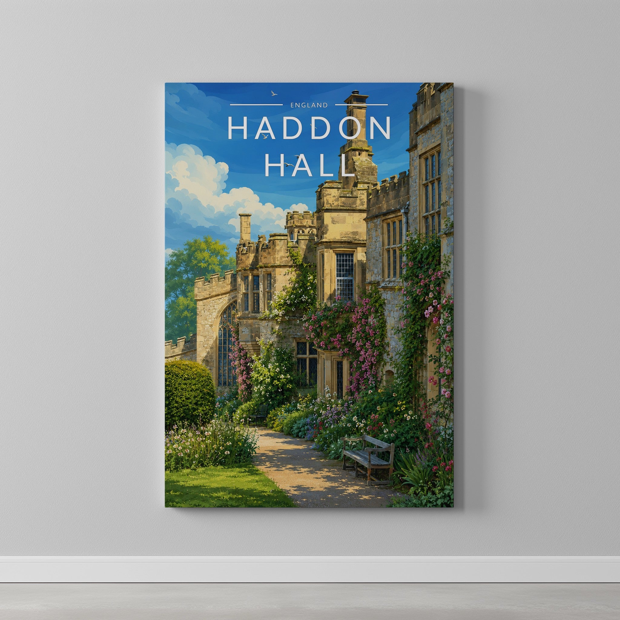 Haddon Hall #2 Travel Poster as a gallery-wrapped canvas on a plain wall