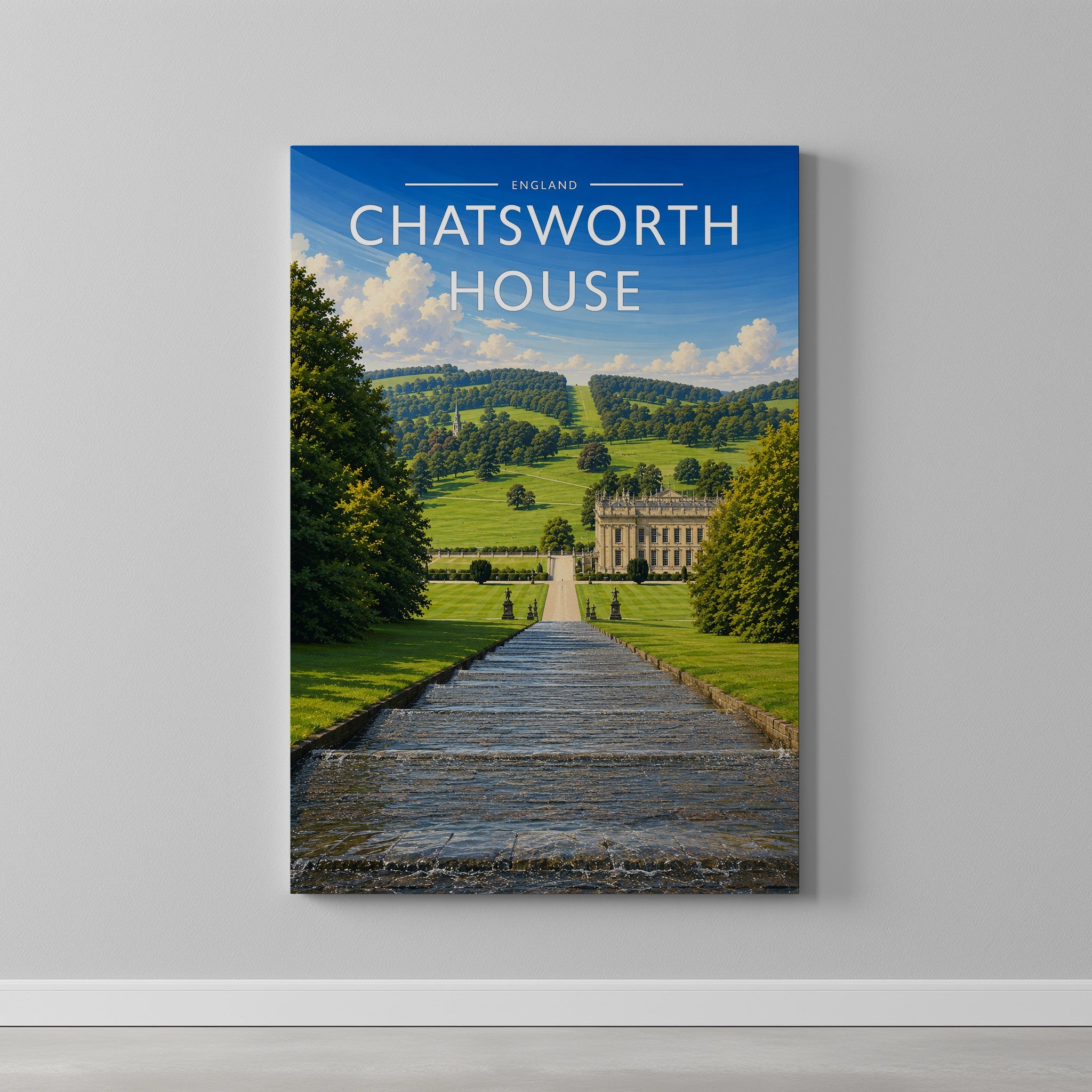 Chatsworth House #4 Travel Poster as a gallery-wrapped canvas on a plain wall