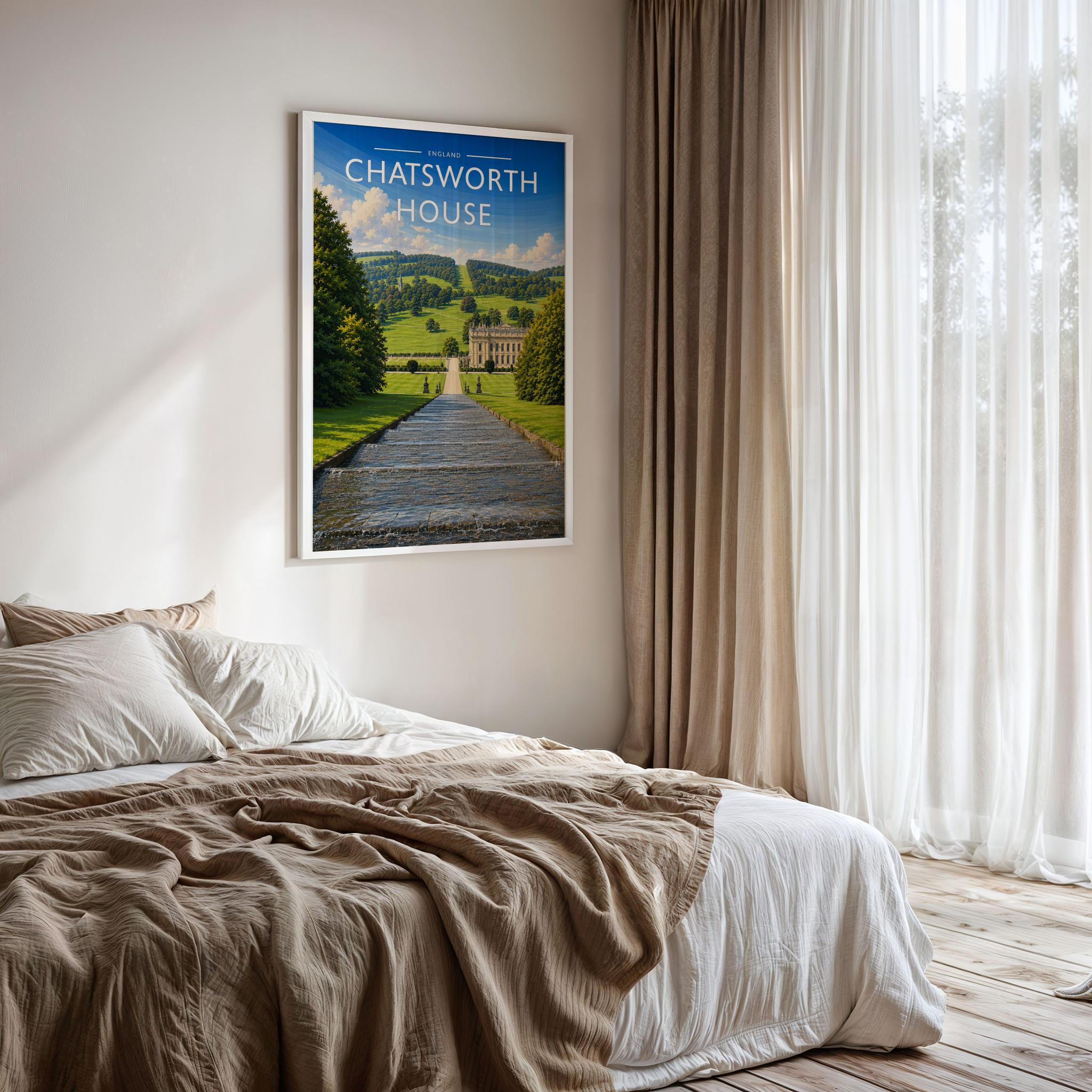 Chatsworth House #4 Travel Poster framed on a bedroom wall