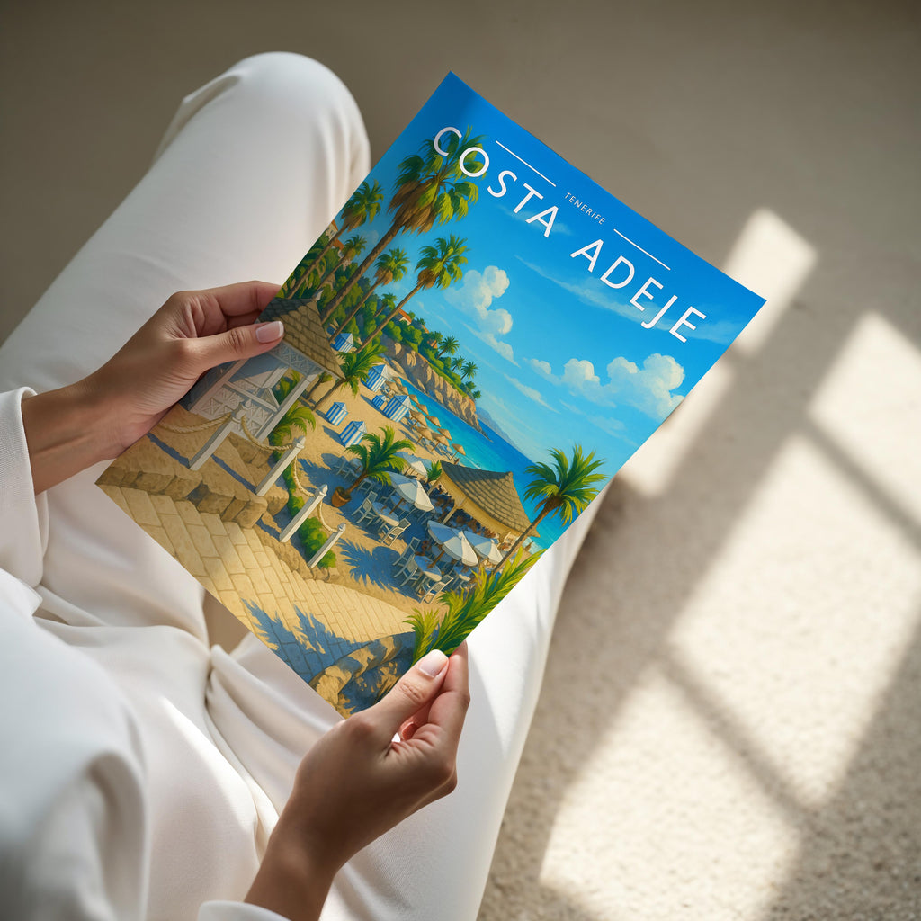 Costa Adeje Travel Poster - A4 print held in hand