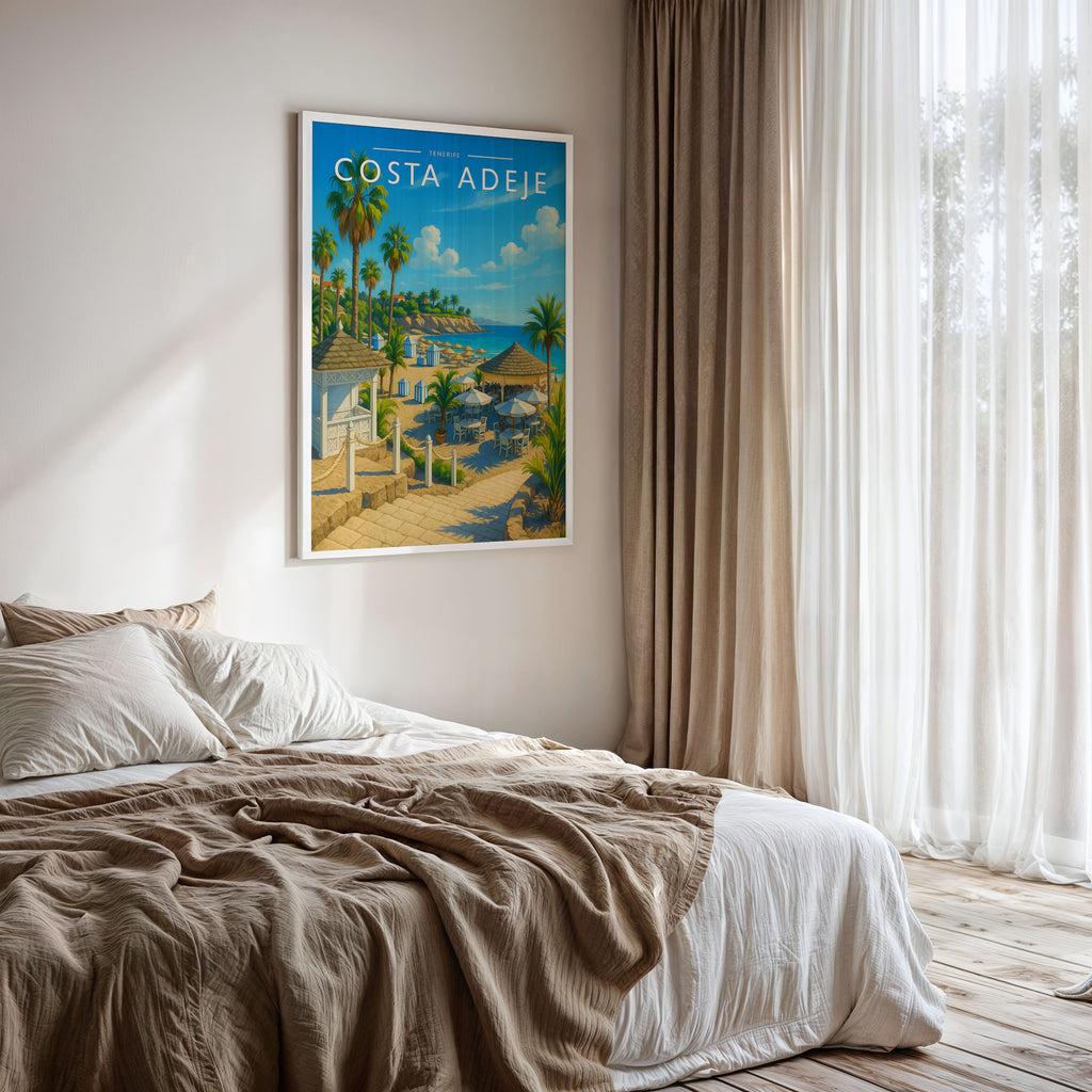 Costa Adeje Travel Poster framed on a bedroom wall
