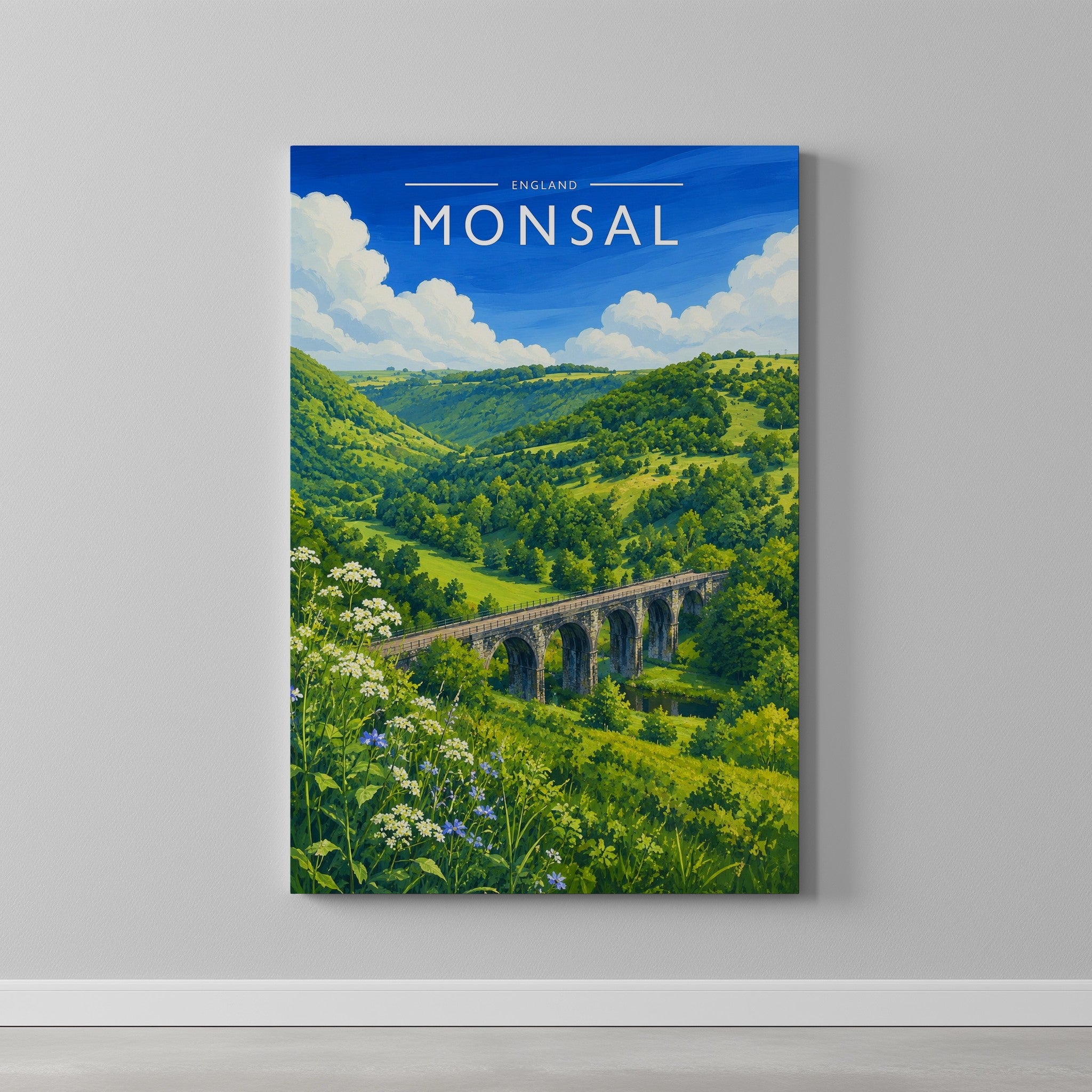 Monsal Travel Poster as a gallery-wrapped canvas on a plain wall