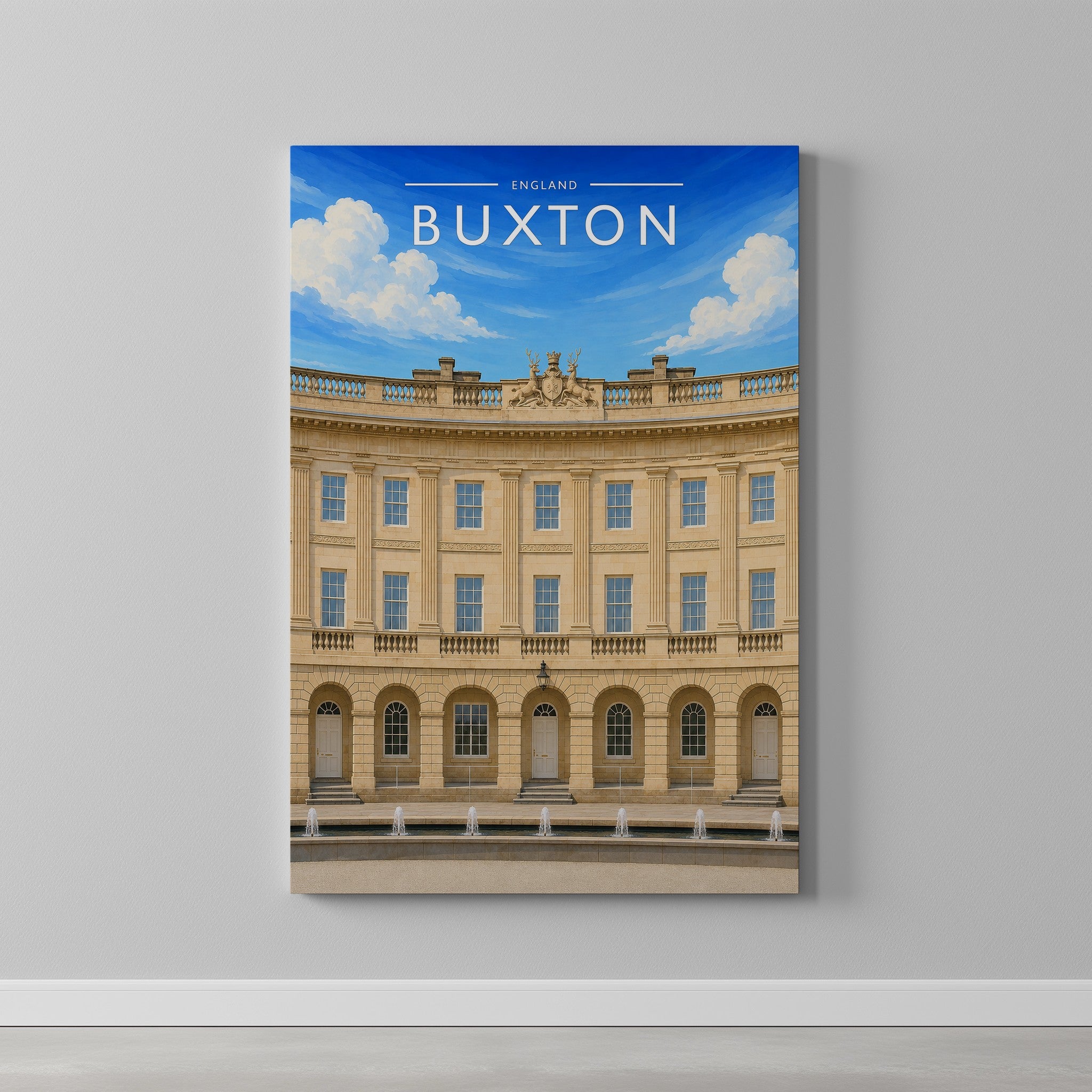 Buxton Travel Poster as a gallery-wrapped canvas on a plain wall