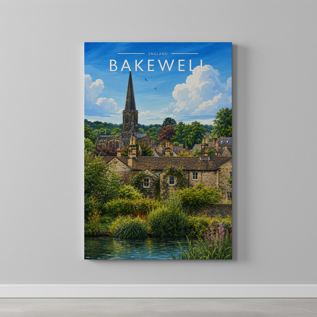 Bakewell Travel Poster as a gallery-wrapped canvas on a plain wall
