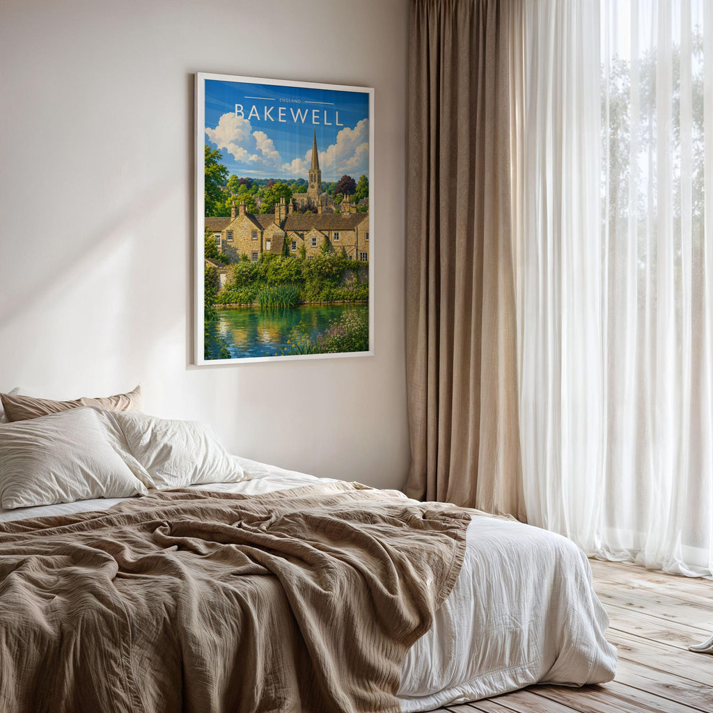 Bakewell #2 Travel Poster framed on a bedroom wall