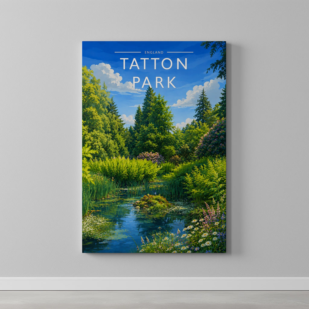 Tatton Park Travel Poster as a gallery-wrapped canvas on a plain wall