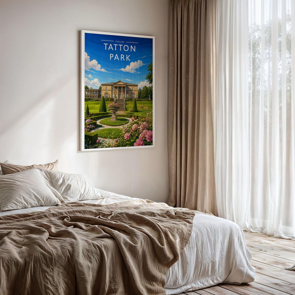 Tatton Park #2 Travel Poster framed on a bedroom wall