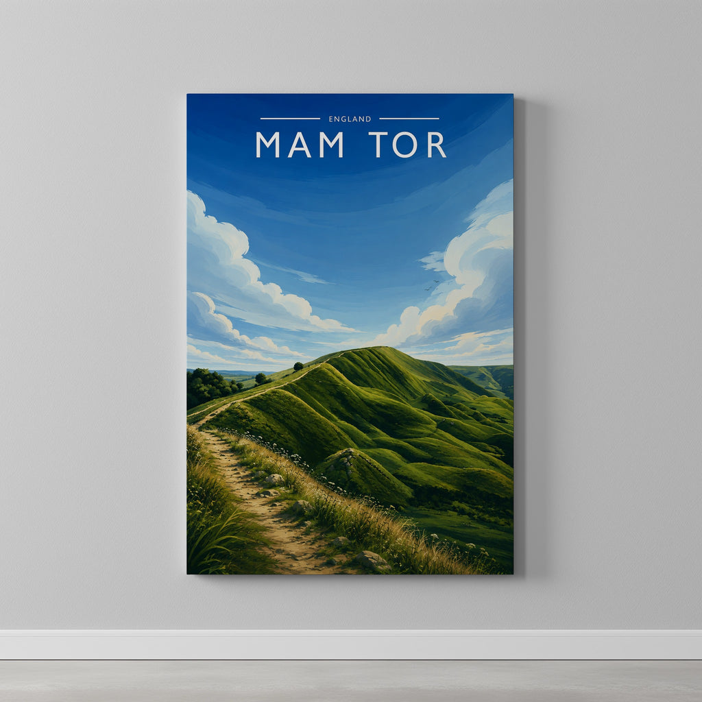 Mam Tor #2 Travel Poster as a gallery-wrapped canvas on a plain wall