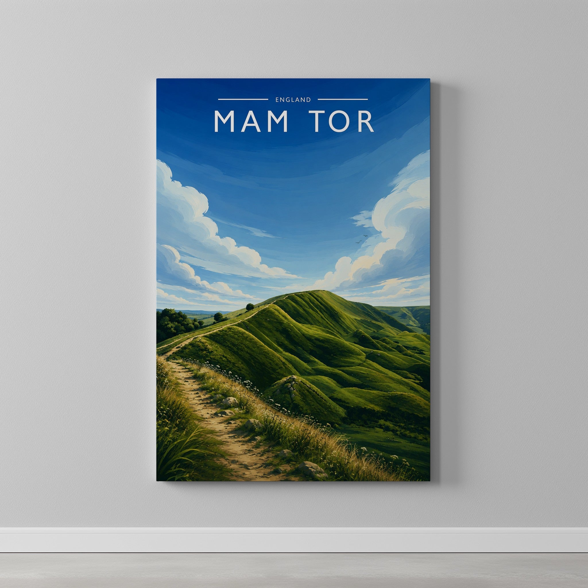 Mam Tor #2 Travel Poster as a gallery-wrapped canvas on a plain wall